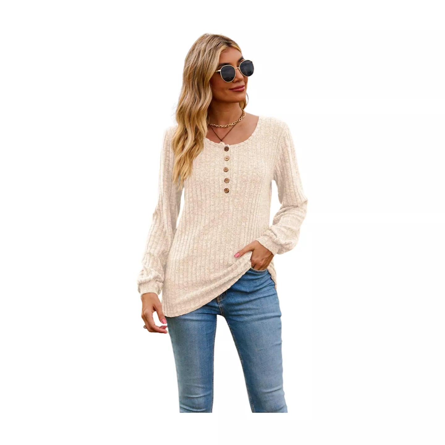 Round Neck Button-Down Long Sleeve Tee