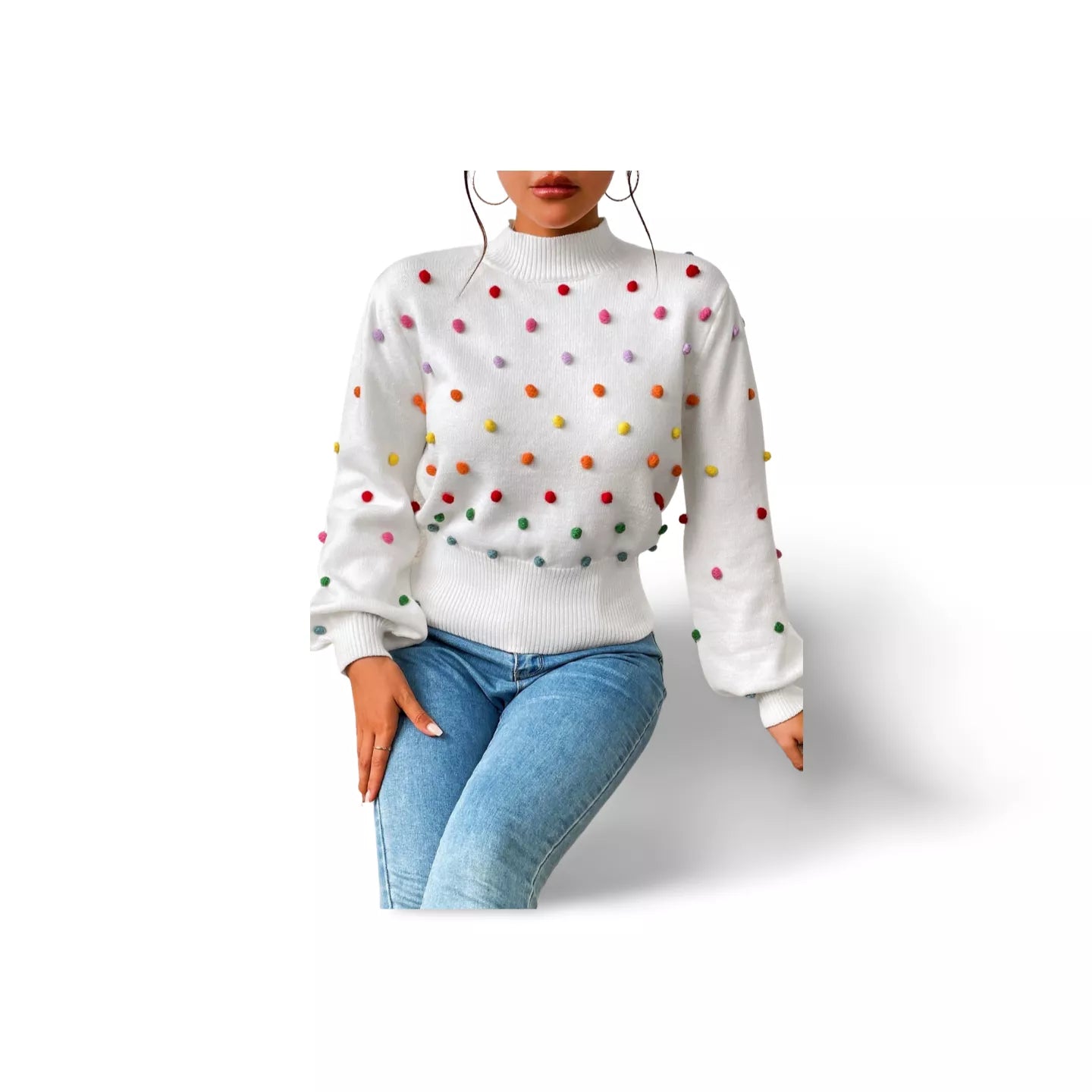 Pom-Pom Trim Mock Neck Long Sleeve Pullover Sweater