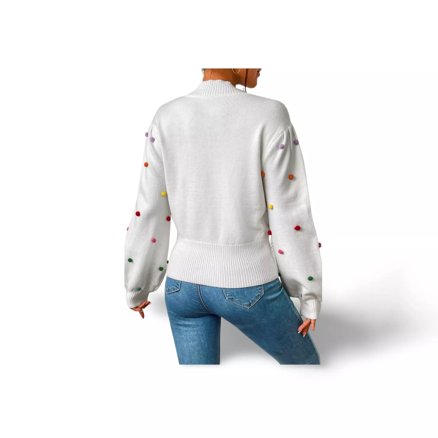 Pom-Pom Trim Mock Neck Long Sleeve Pullover Sweater