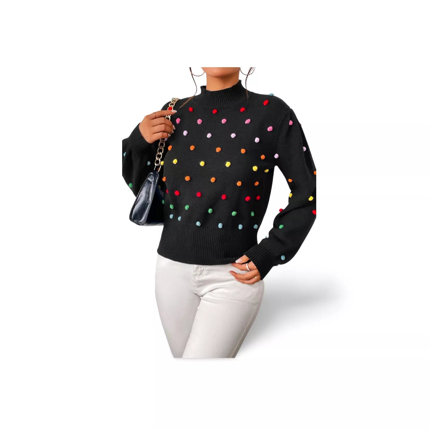 Pom-Pom Trim Mock Neck Long Sleeve Pullover Sweater