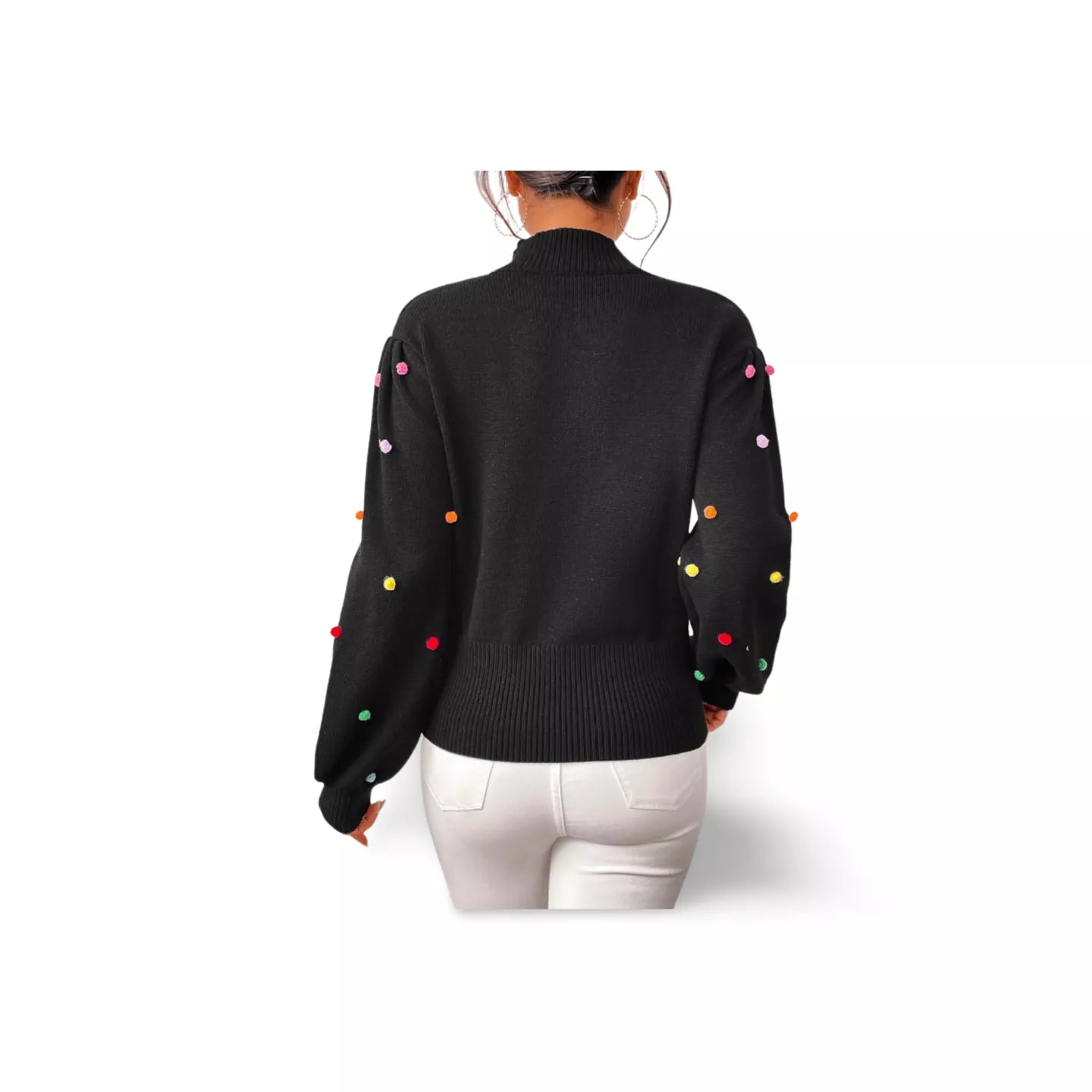 Pom-Pom Trim Mock Neck Long Sleeve Pullover Sweater