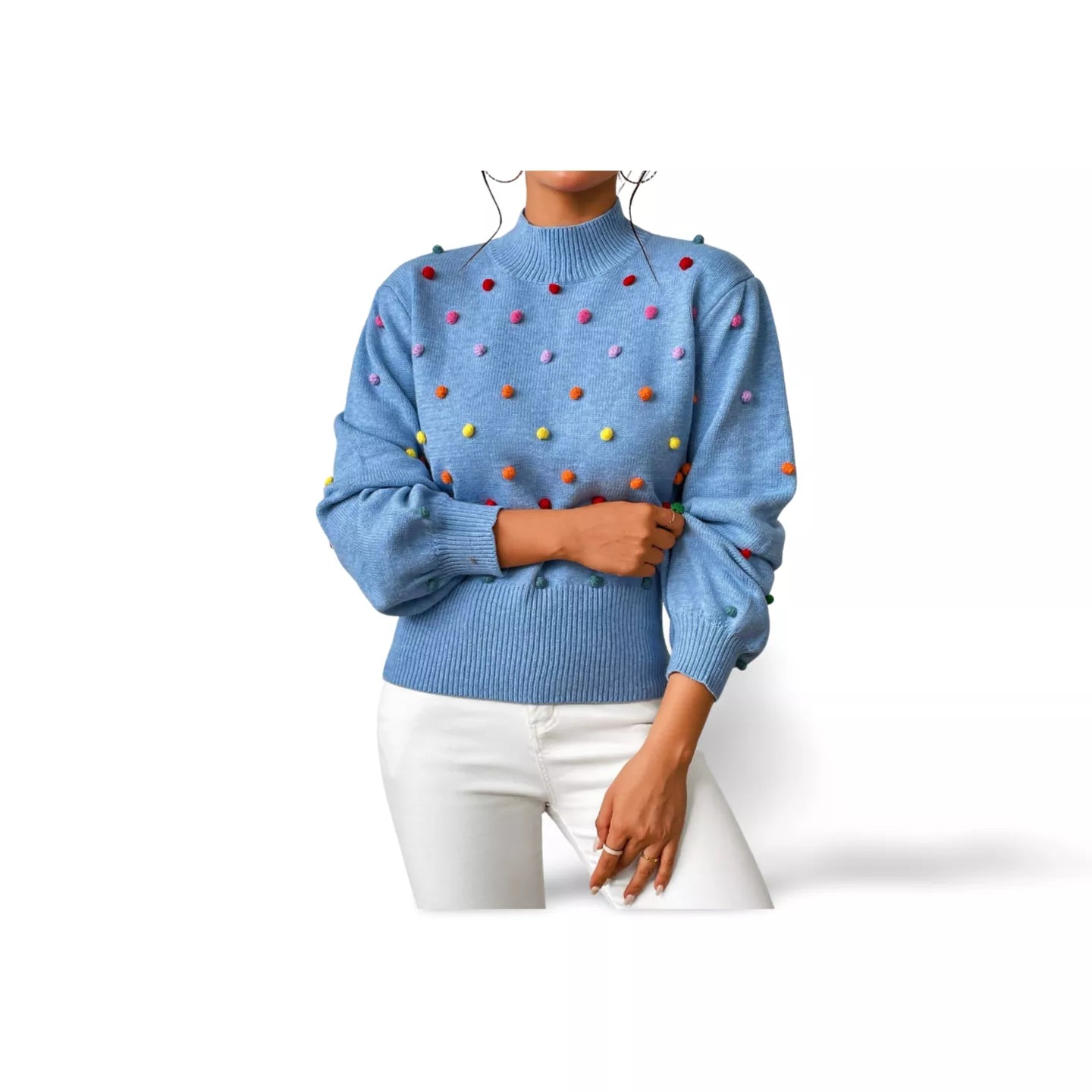 Pom-Pom Trim Mock Neck Long Sleeve Pullover Sweater