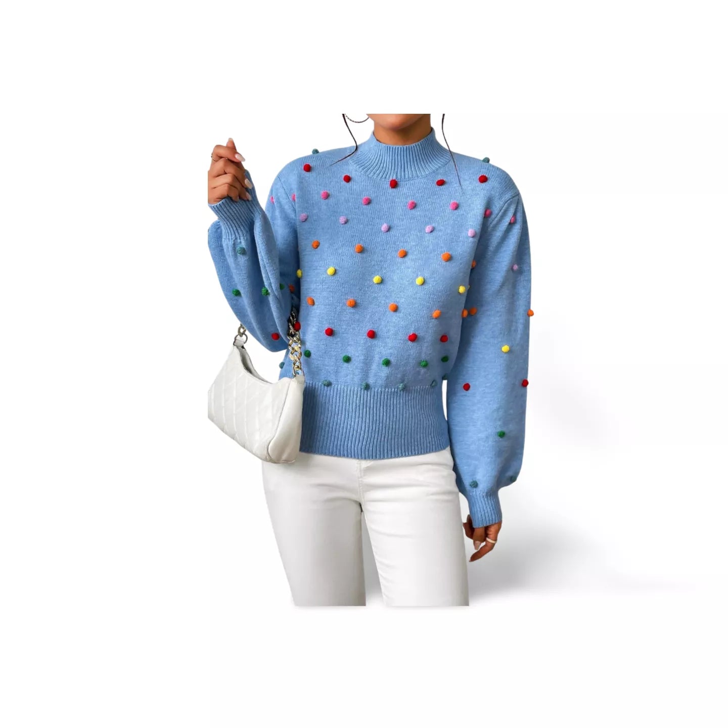 Pom-Pom Trim Mock Neck Long Sleeve Pullover Sweater