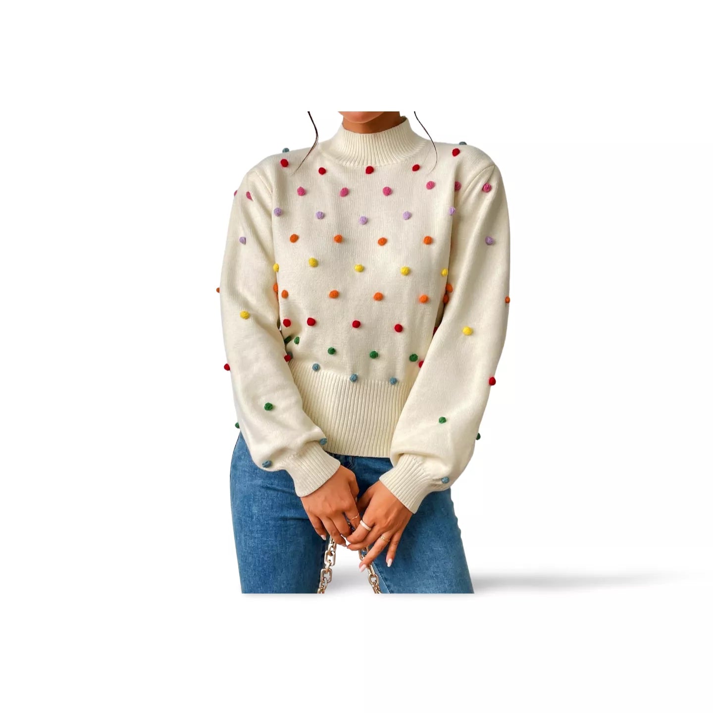 Pom-Pom Trim Mock Neck Long Sleeve Pullover Sweater