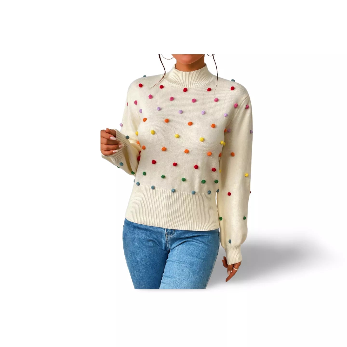 Pom-Pom Trim Mock Neck Long Sleeve Pullover Sweater