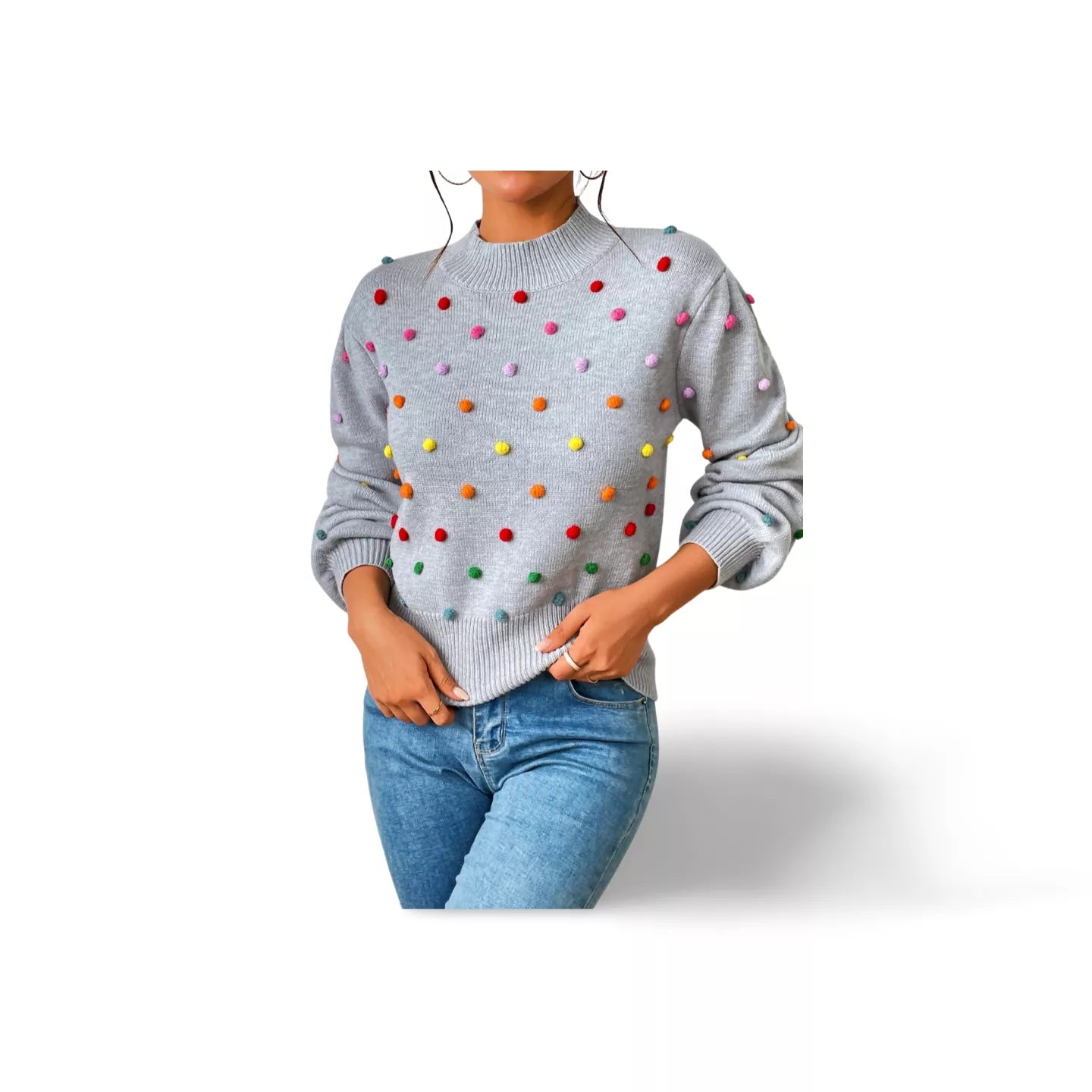 Pom-Pom Trim Mock Neck Long Sleeve Pullover Sweater