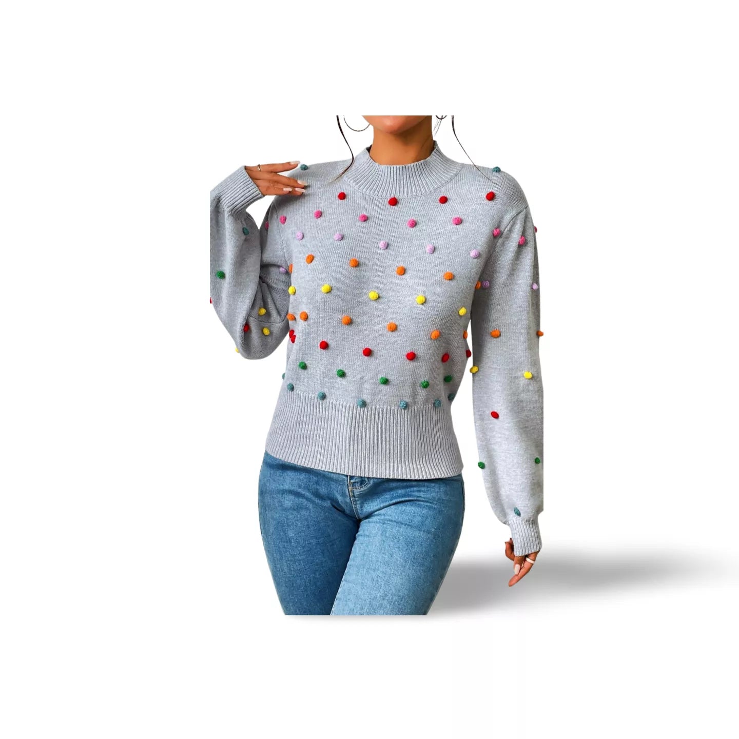 Pom-Pom Trim Mock Neck Long Sleeve Pullover Sweater