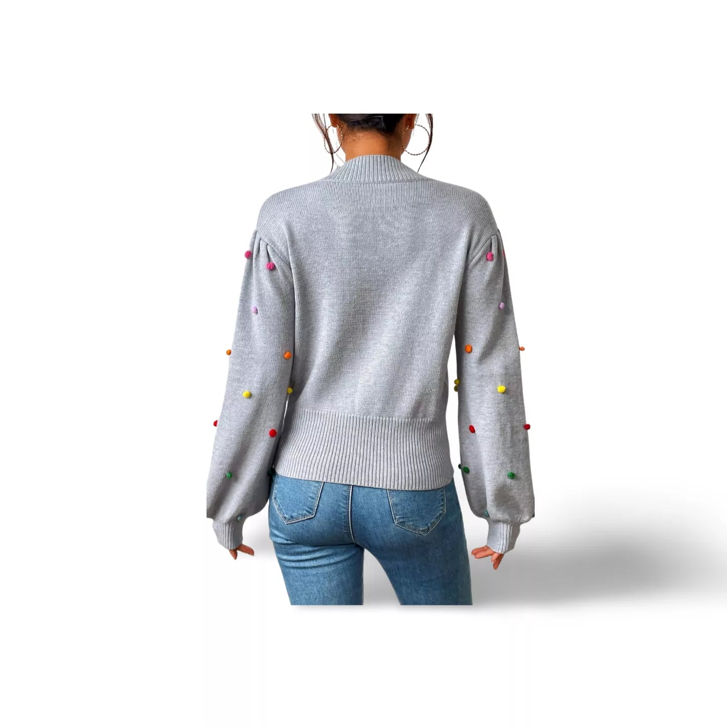 Pom-Pom Trim Mock Neck Long Sleeve Pullover Sweater