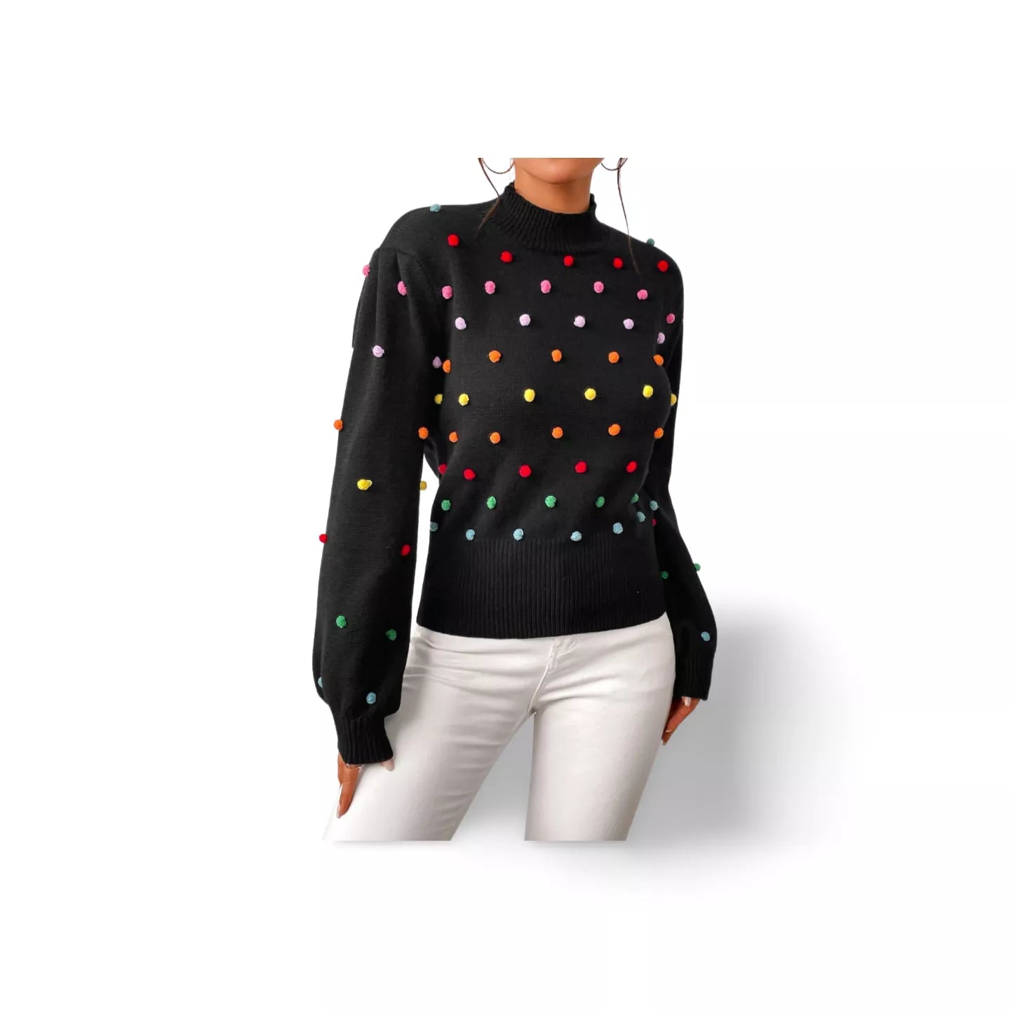 Pom-Pom Trim Mock Neck Long Sleeve Pullover Sweater