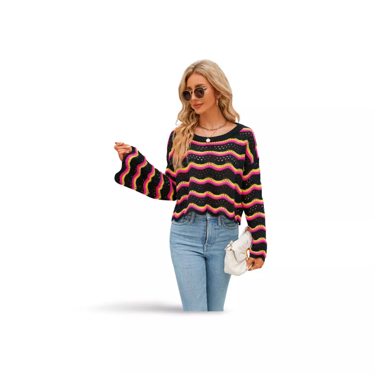 Round Neck Openwork Flare Sleeve Knit Top