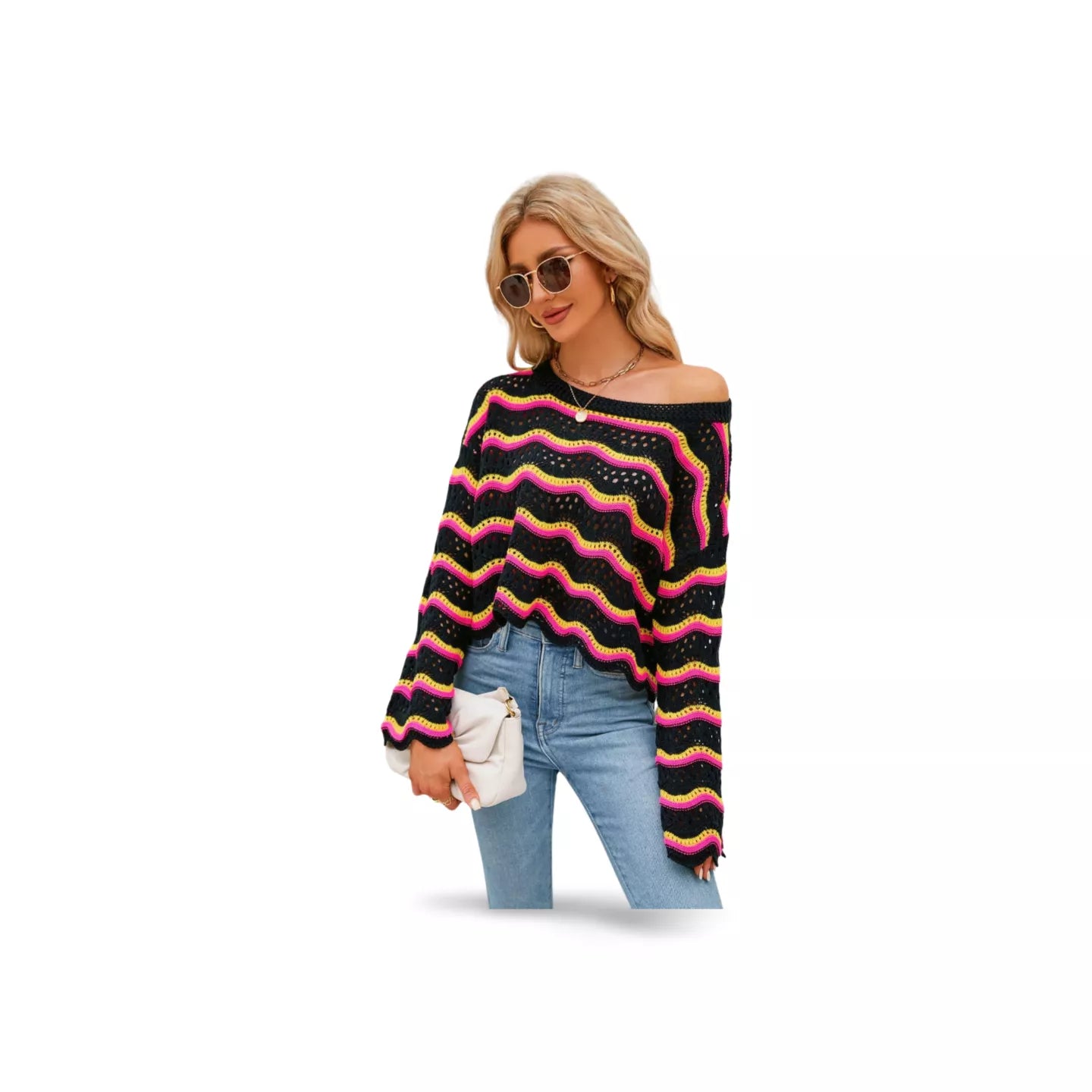 Round Neck Openwork Flare Sleeve Knit Top