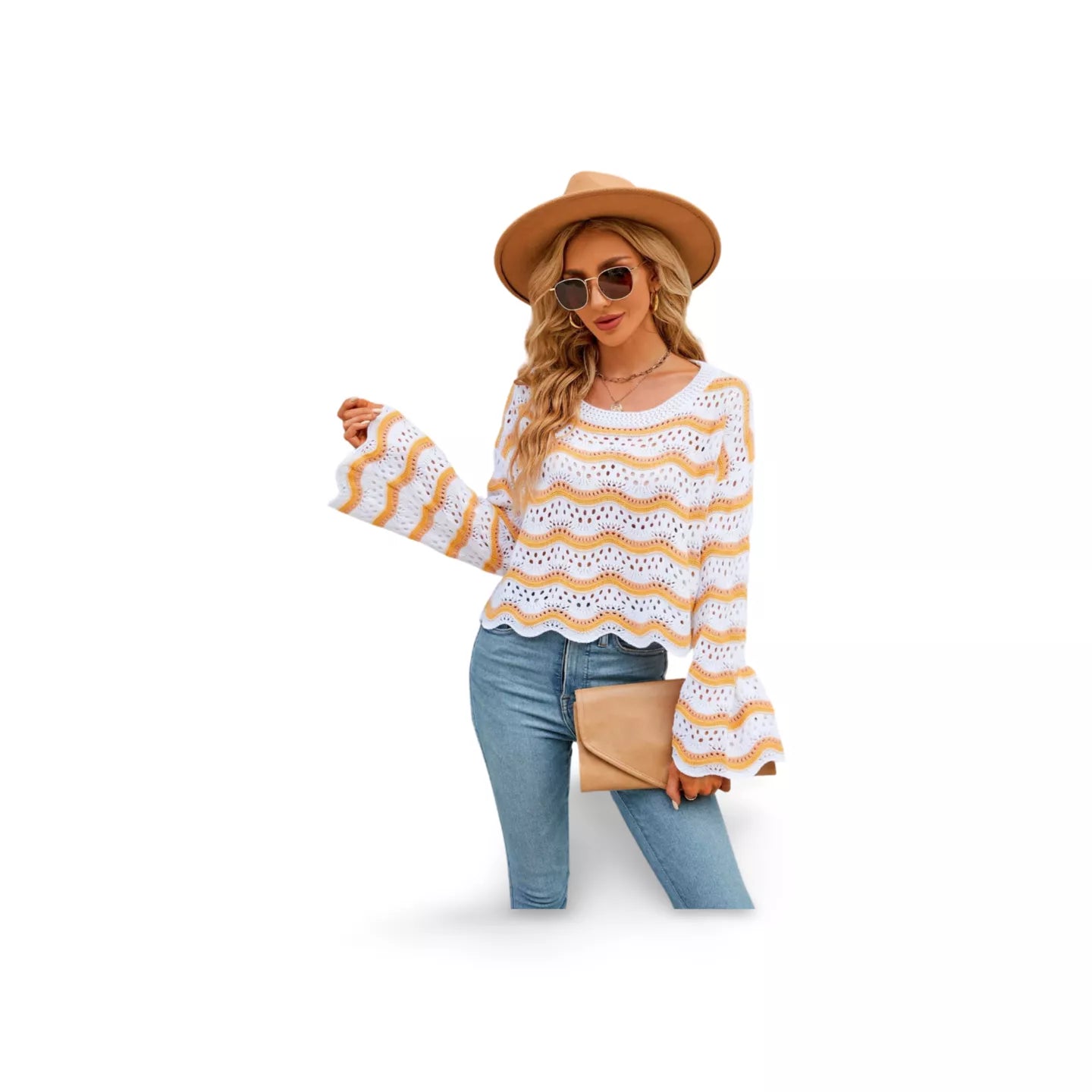 Round Neck Openwork Flare Sleeve Knit Top