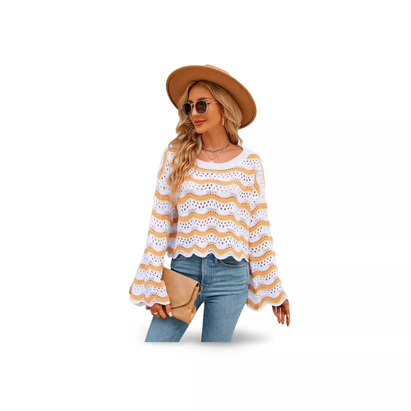 Round Neck Openwork Flare Sleeve Knit Top