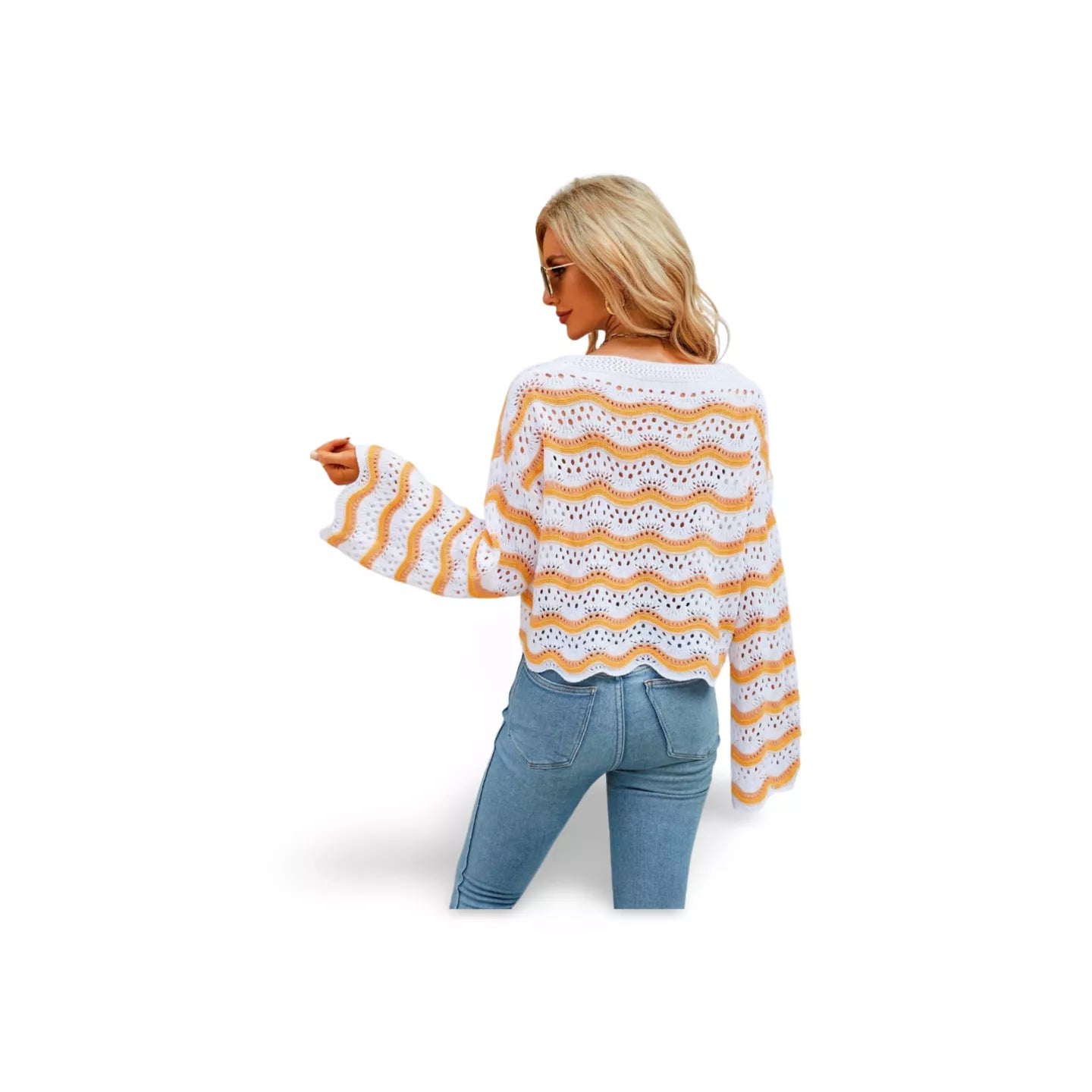 Round Neck Openwork Flare Sleeve Knit Top