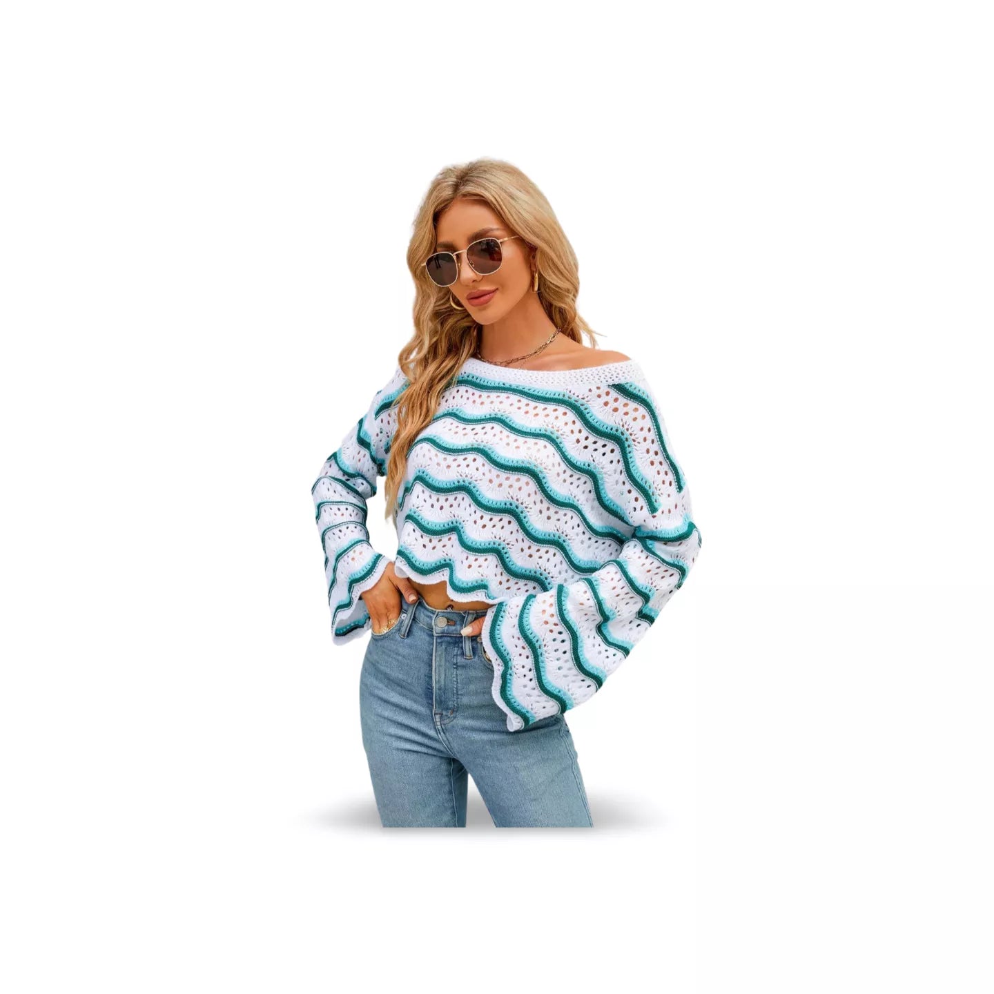 Round Neck Openwork Flare Sleeve Knit Top