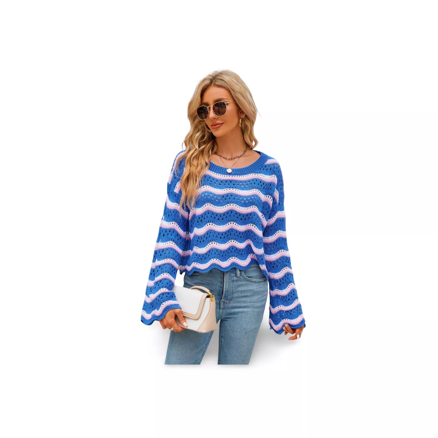 Round Neck Openwork Flare Sleeve Knit Top