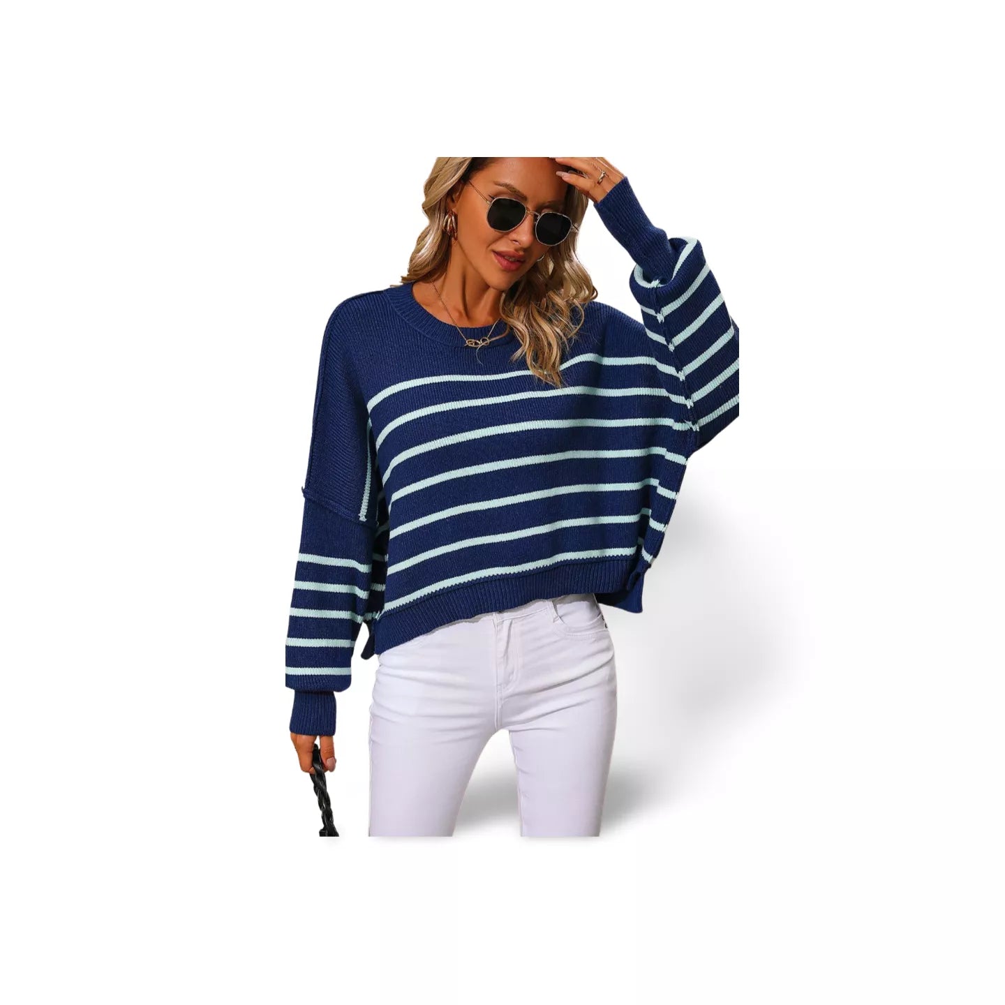 Striped Dropped Shoulder Round Neck Pullover Sweater