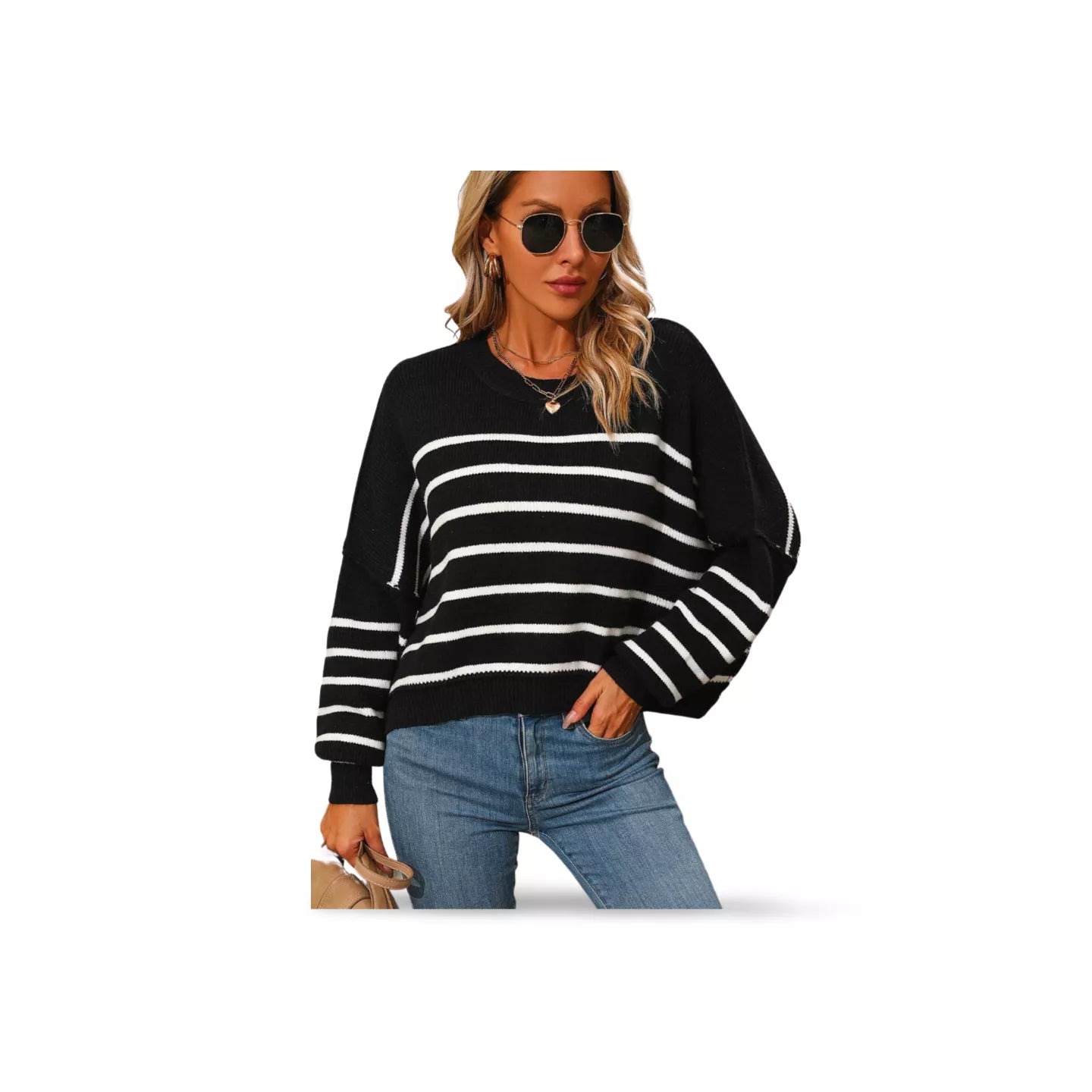 Striped Dropped Shoulder Round Neck Pullover Sweater