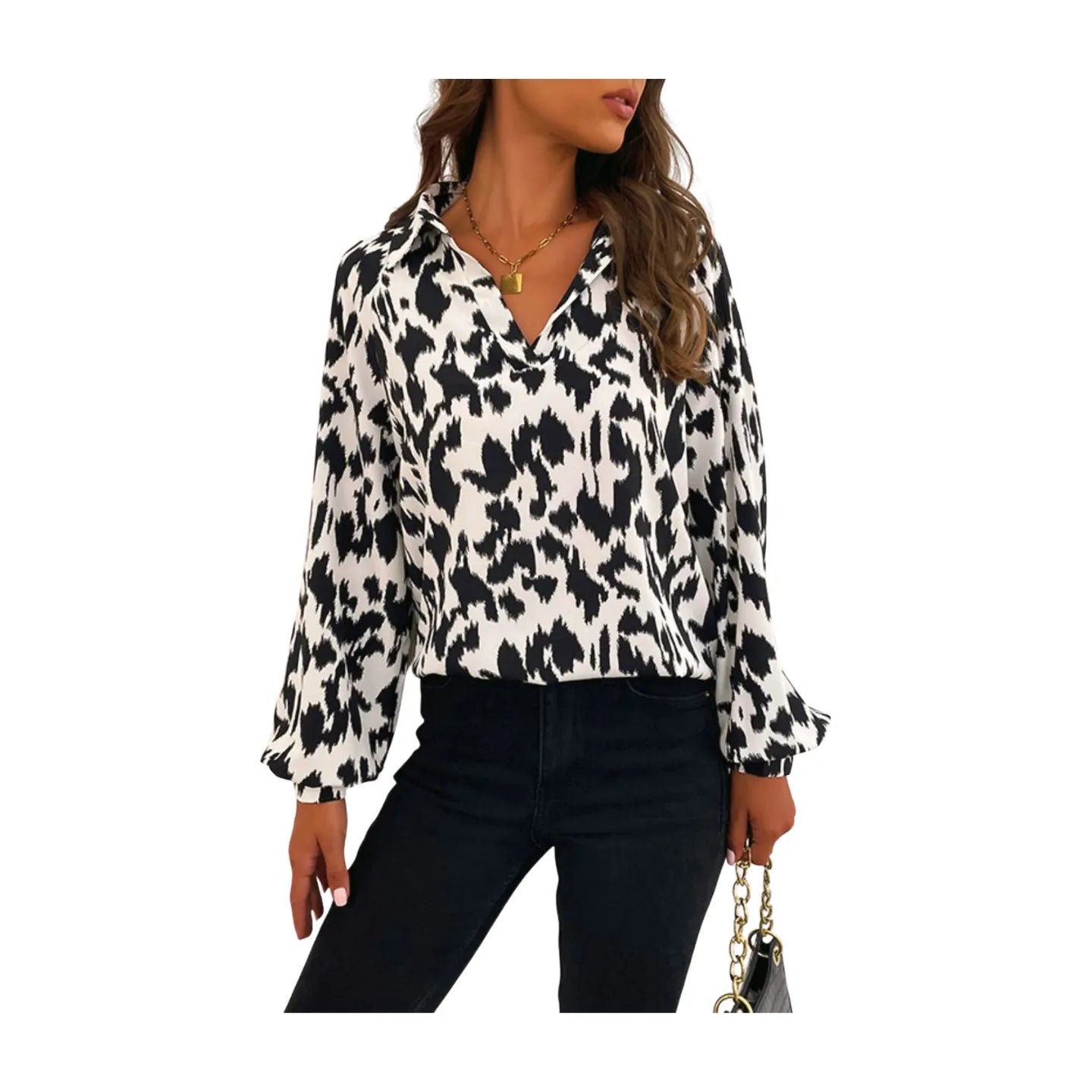 Women's Printed Johnny Collar Lantern Sleeve Top