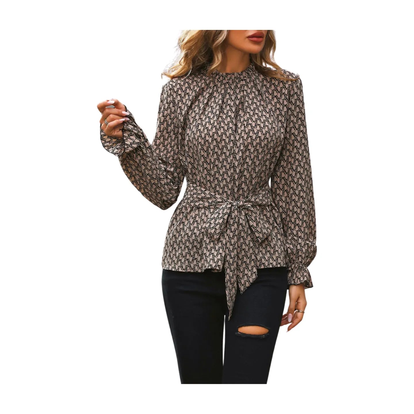 Women's Printed Tie Front Flounce Sleeve Blouse