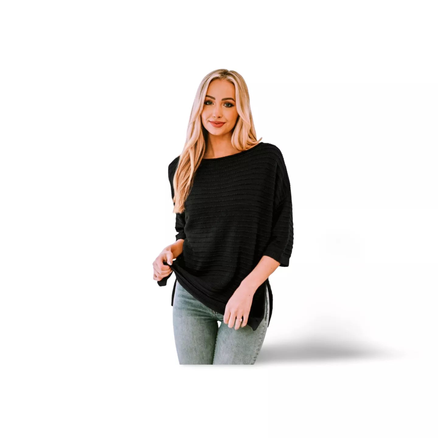 Round Neck Dropped Shoulder Side Slit Pullover Sweater