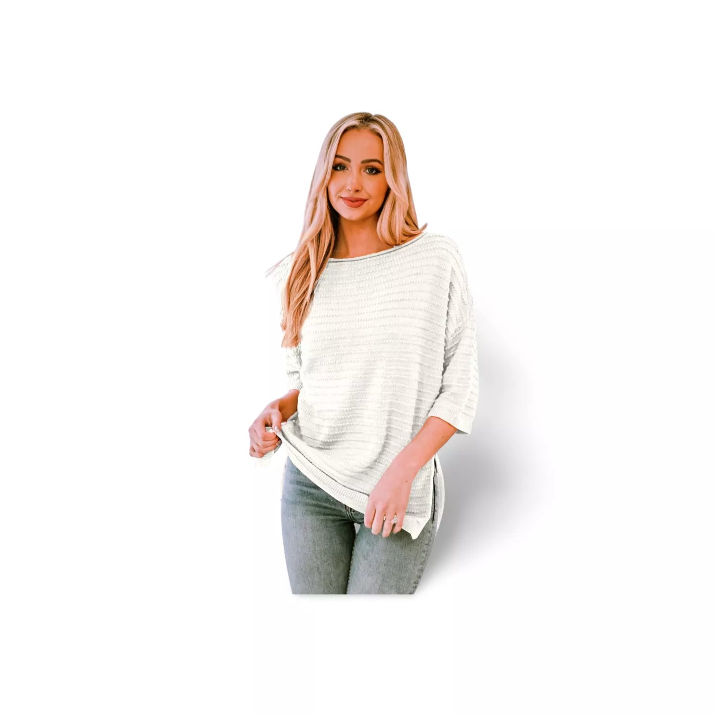 Round Neck Dropped Shoulder Side Slit Pullover Sweater