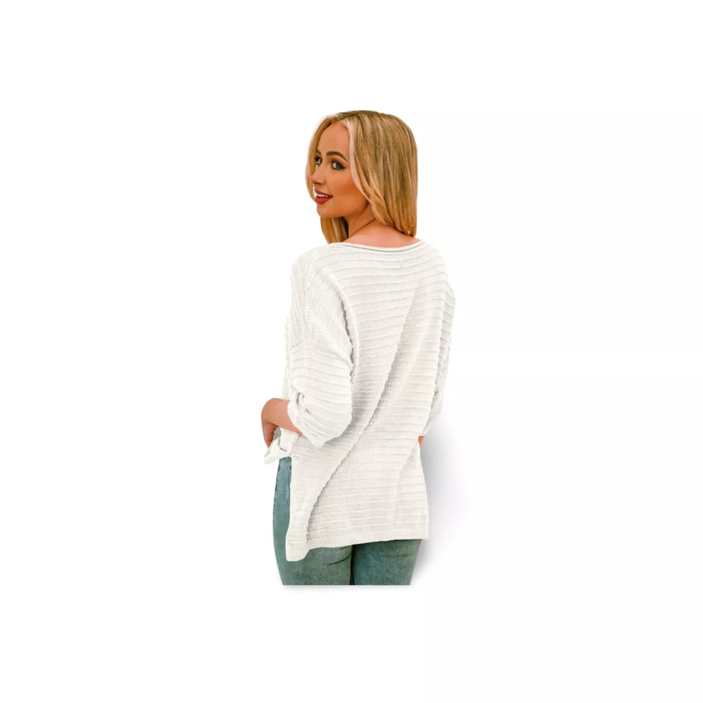 Round Neck Dropped Shoulder Side Slit Pullover Sweater