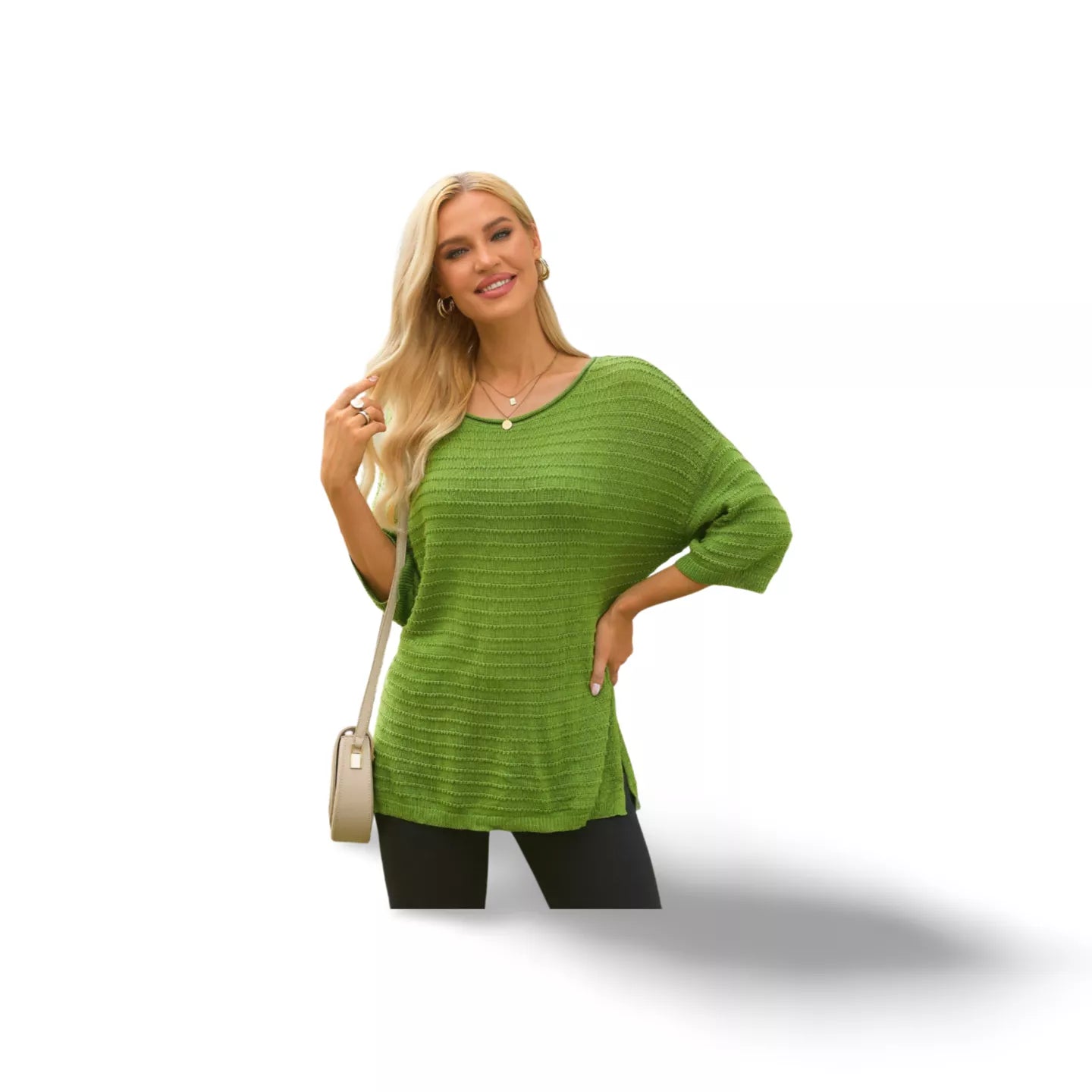 Round Neck Dropped Shoulder Side Slit Pullover Sweater