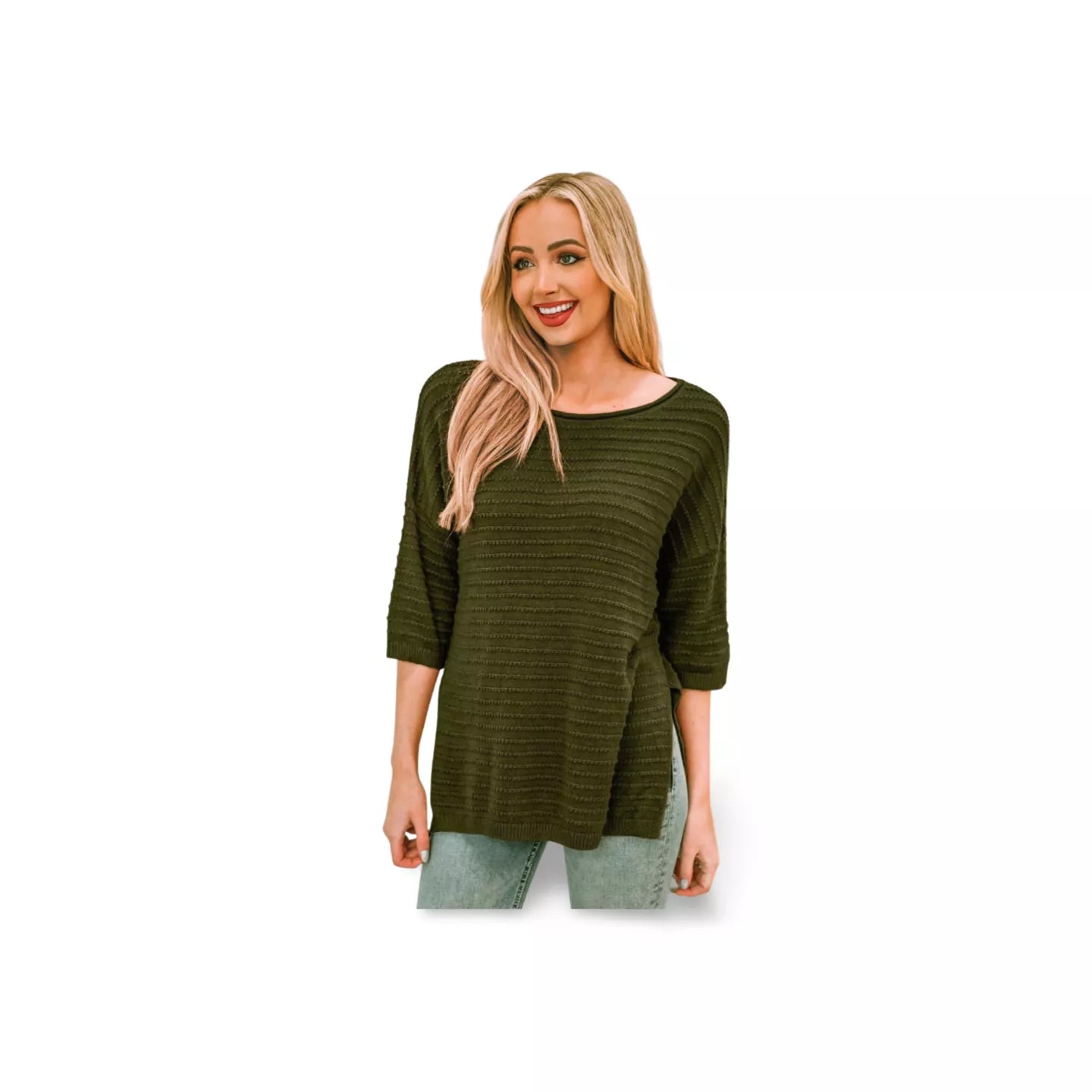 Round Neck Dropped Shoulder Side Slit Pullover Sweater