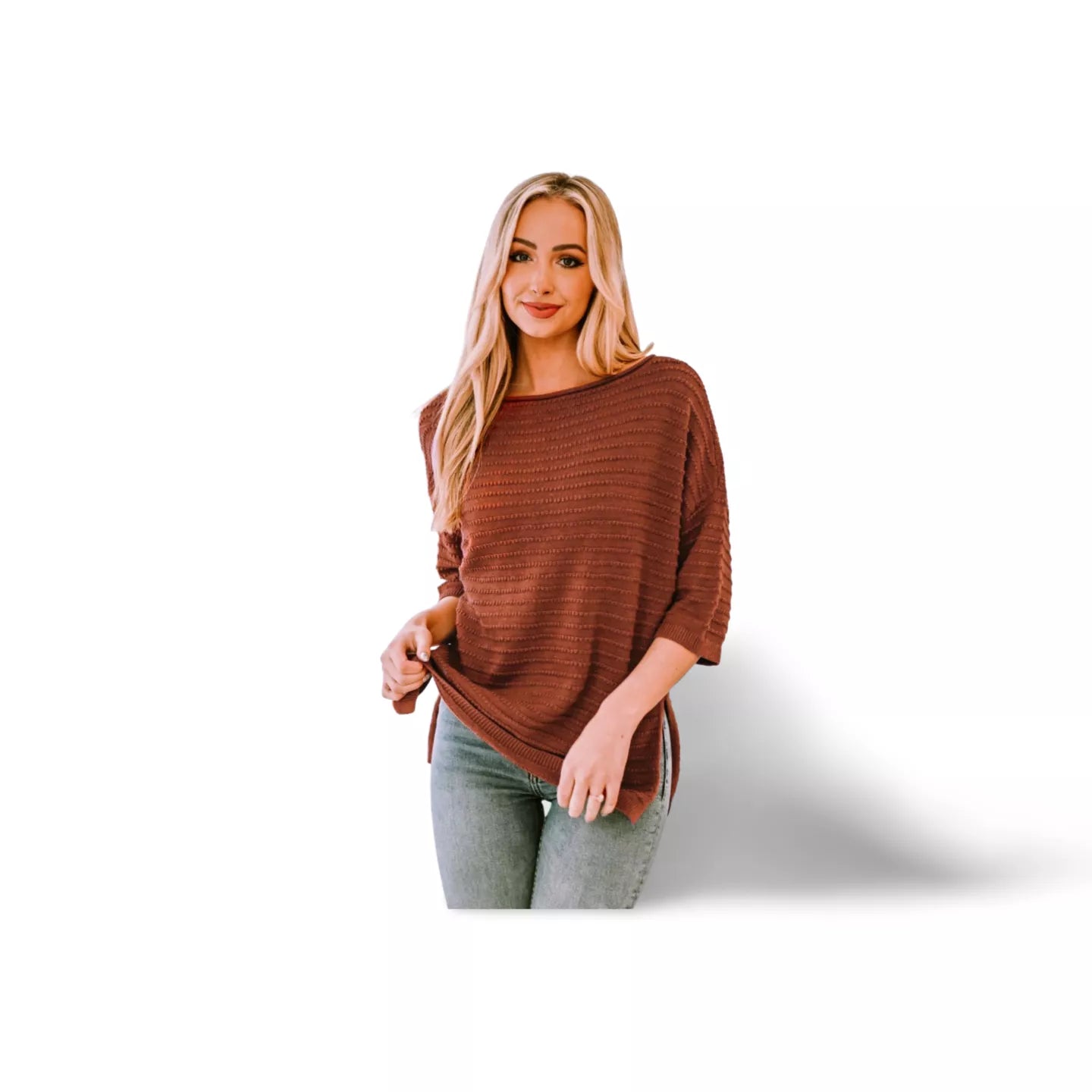 Round Neck Dropped Shoulder Side Slit Pullover Sweater