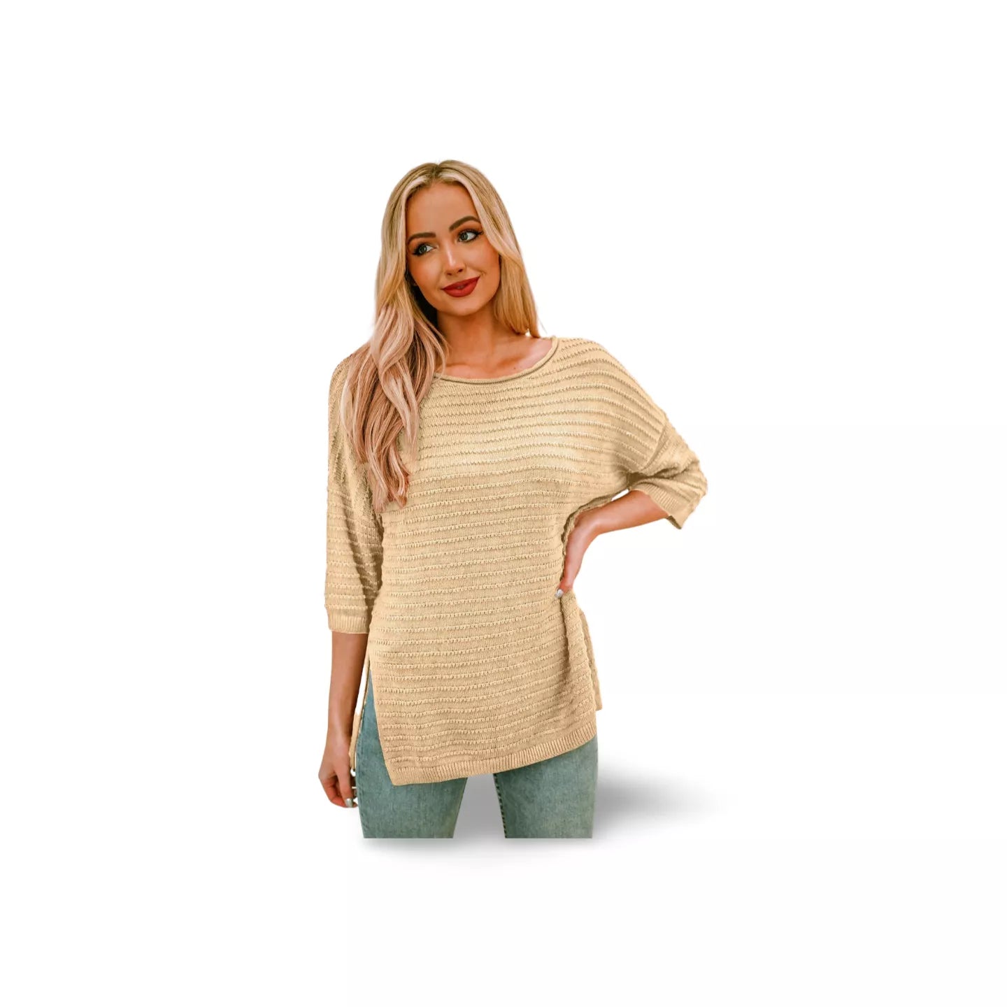 Round Neck Dropped Shoulder Side Slit Pullover Sweater