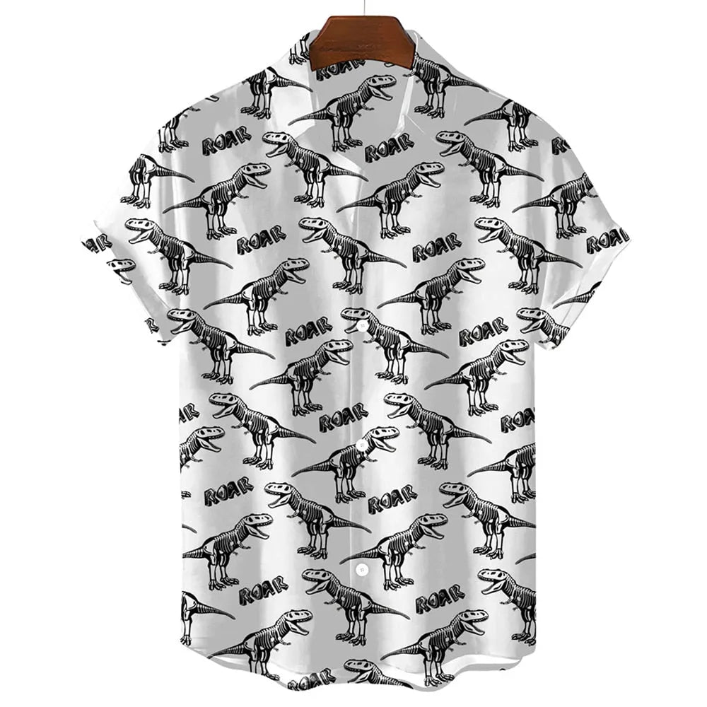 Trendy new black and white summer men's shirt cute dinosaur 3D printed men's clothing shirt lapel casual street top