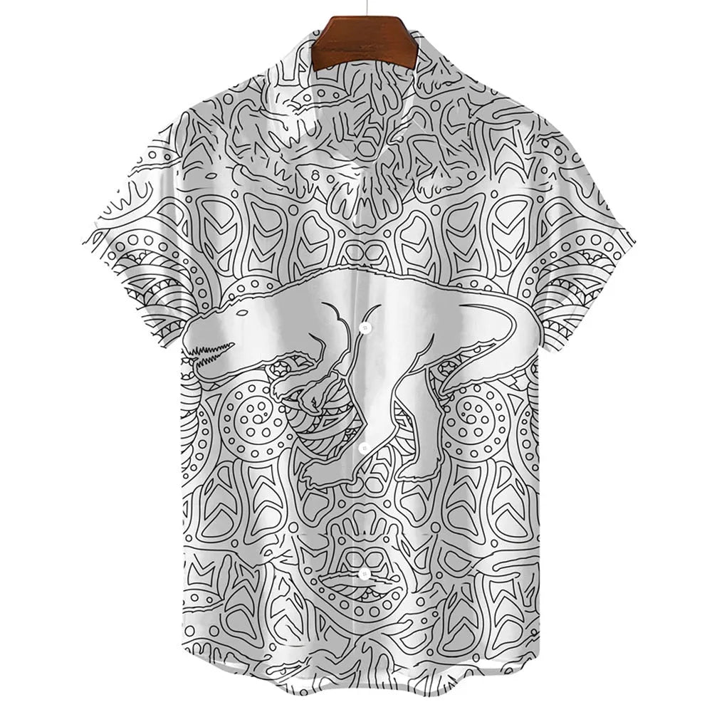 Trendy new black and white summer men's shirt cute dinosaur 3D printed men's clothing shirt lapel casual street top