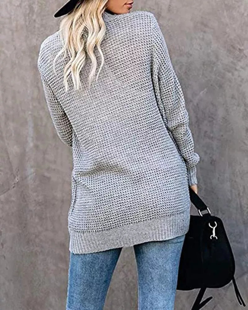 V-neck Knitted Cardigan Solid Open Stitch Winter Warm Long Sleeve Sweaters