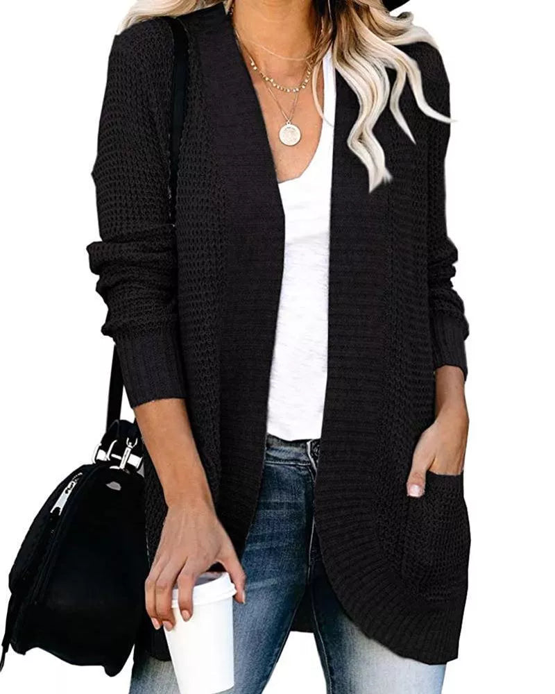 V-neck Knitted Cardigan Solid Open Stitch Winter Warm Long Sleeve Sweaters