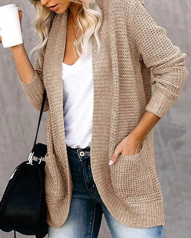 V-neck Knitted Cardigan Solid Open Stitch Winter Warm Long Sleeve Sweaters