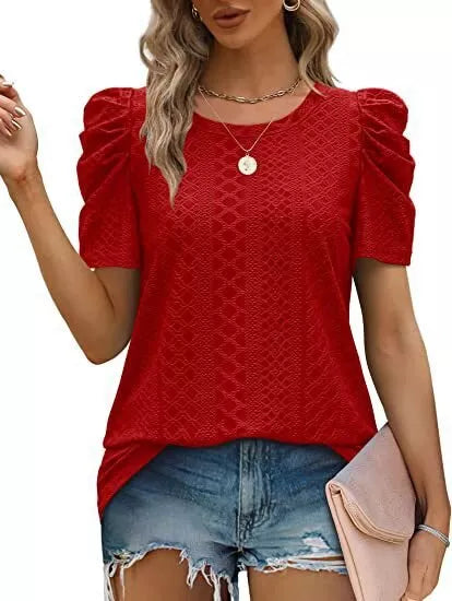 Hollow Round Neck Pleated Stacked Sleeves Loose Blouse T- Shirt