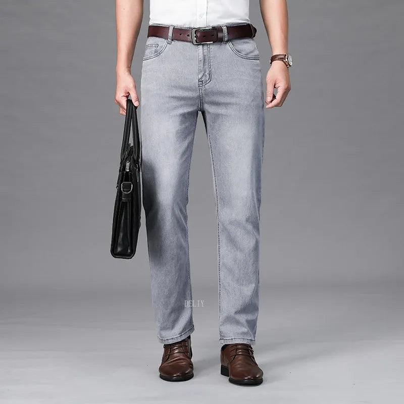 2023 Brand Thin or Thick Material Straight Cotton Stretch Denim Men's  Business Casual High Waist Light Grey Blue Jeans