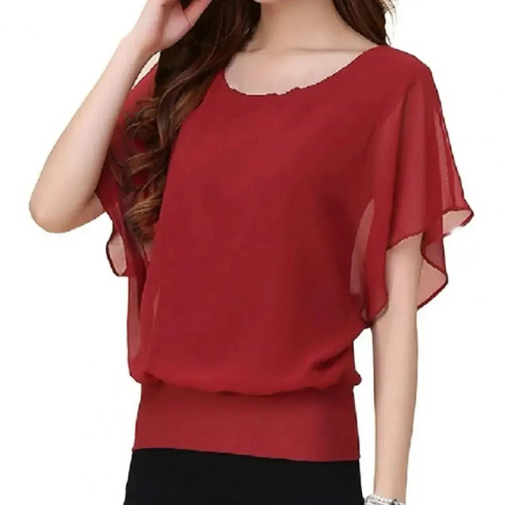 Chiffon Blouse Women Top Solid Color O Neck Pullover Batwing Sleeve Ruffle Shirts Blouses Summer Top