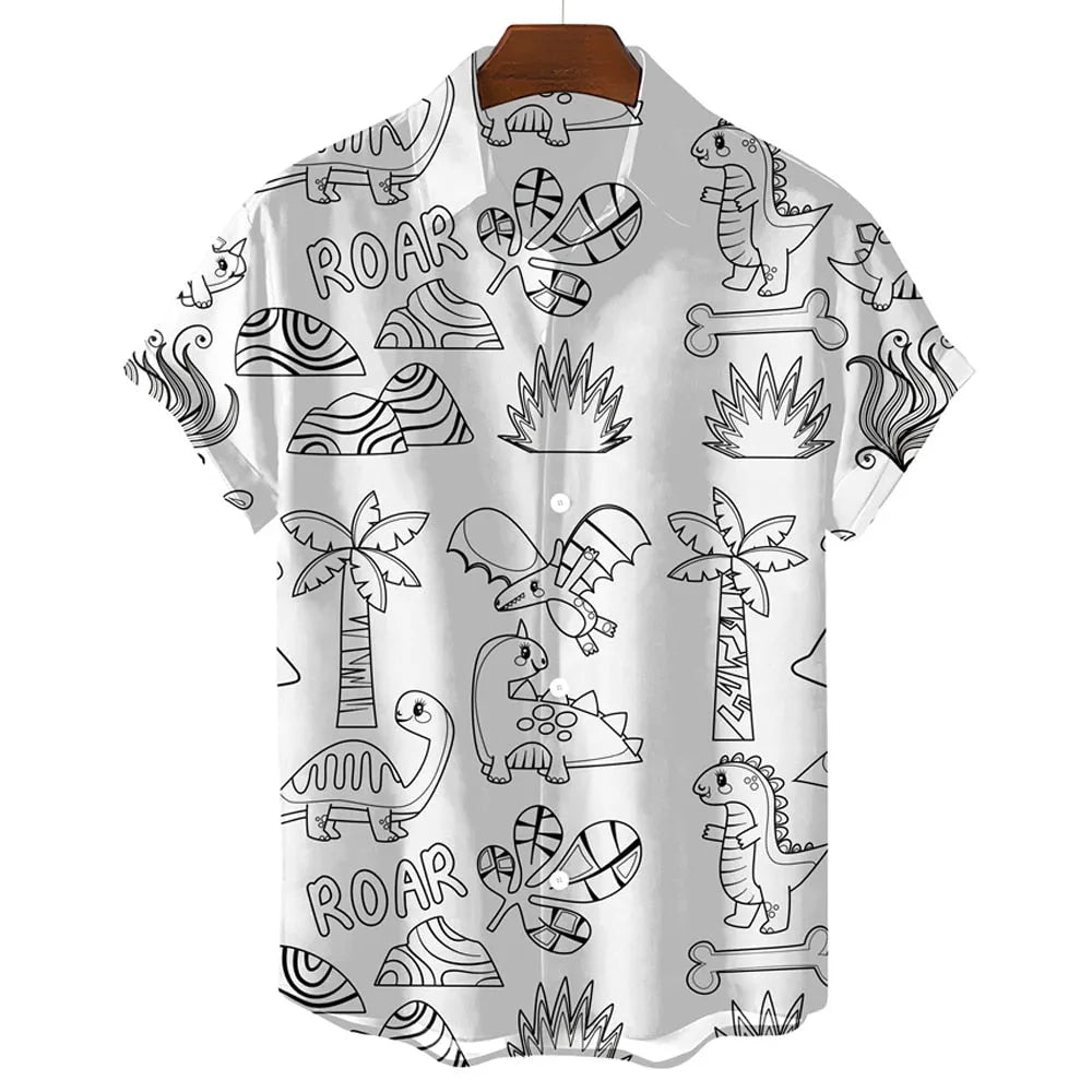 Trendy new black and white summer men's shirt cute dinosaur 3D printed men's clothing shirt lapel casual street top