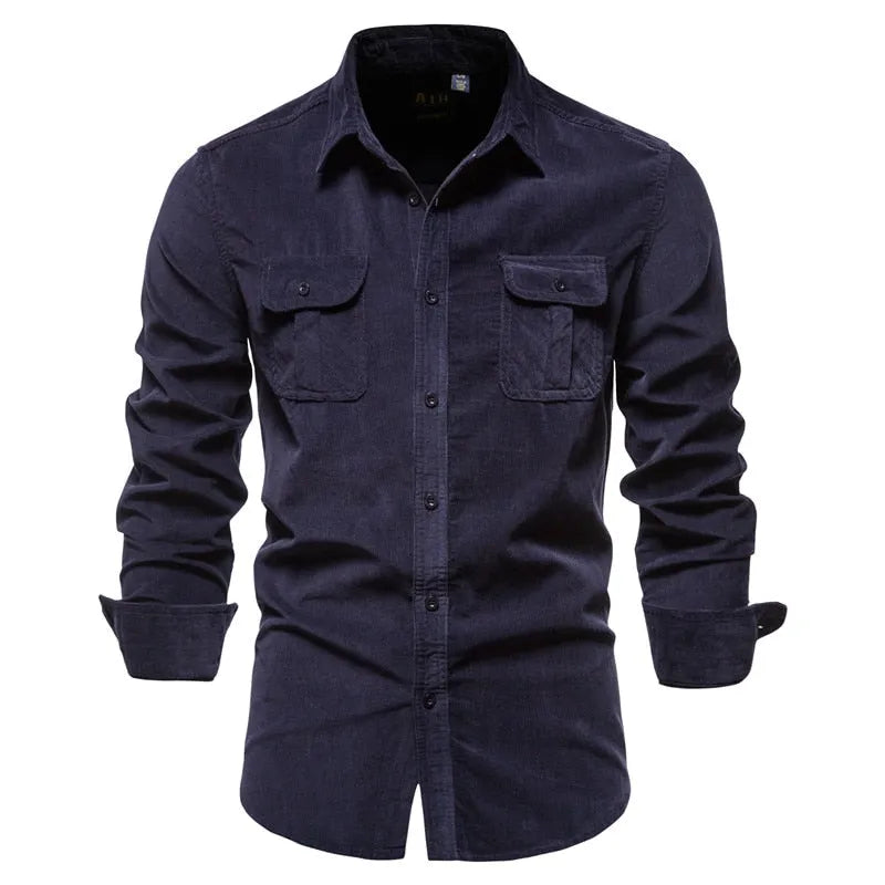 2021 New Single Breasted 100% Cotton Men's Shirt Business Casual Fashion Solid Color Corduroy Men Shirts Autumn Slim Shirt Men