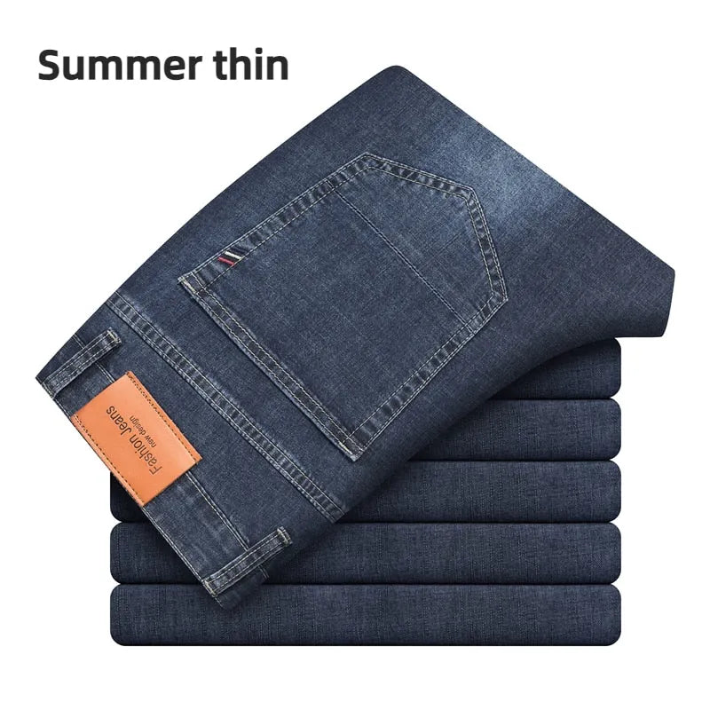 2023 Brand Thin or Thick Material Straight Cotton Stretch Denim Men's  Business Casual High Waist Light Grey Blue Jeans