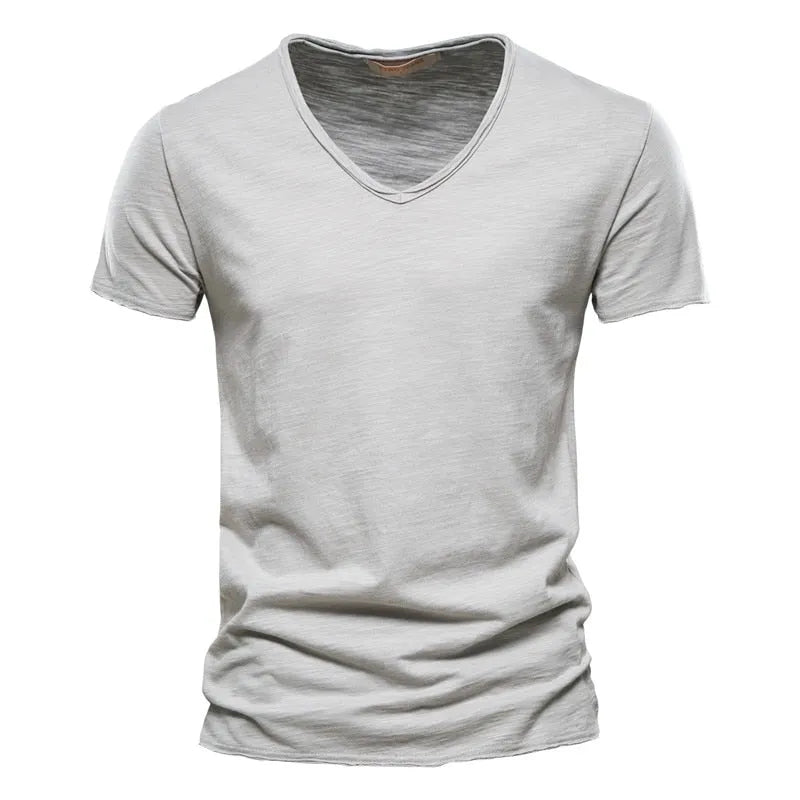 AIOPESON 100% Cotton Men T-shirt V-neck Fashion Design Slim Fit Soild T-shirts Male Tops Tees Short Sleeve T Shirt For Men