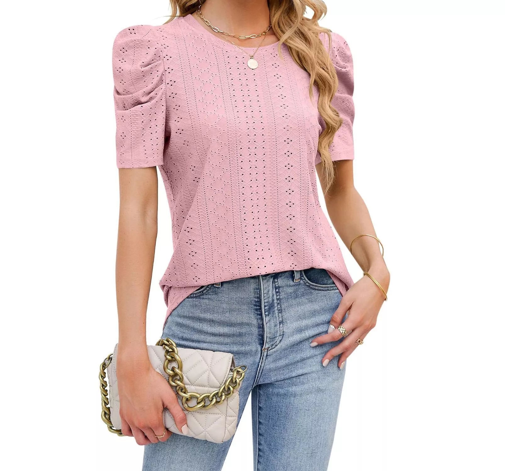 Hollow Round Neck Pleated Stacked Sleeves Loose Blouse T- Shirt