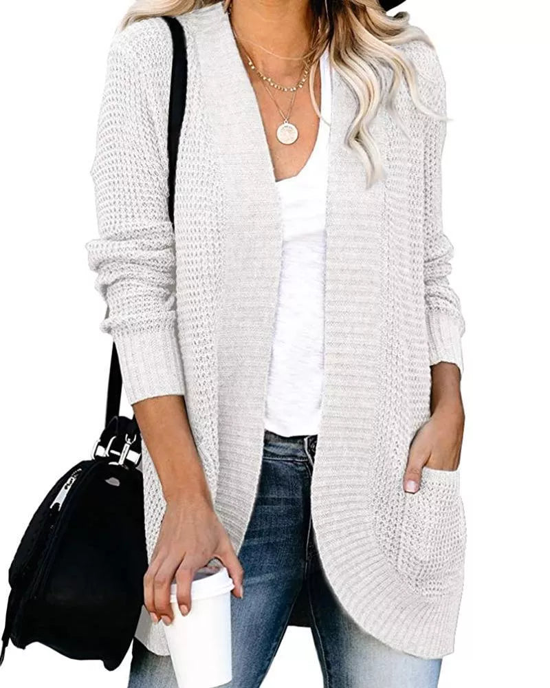 V-neck Knitted Cardigan Solid Open Stitch Winter Warm Long Sleeve Sweaters