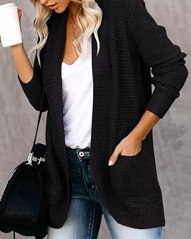 V-neck Knitted Cardigan Solid Open Stitch Winter Warm Long Sleeve Sweaters