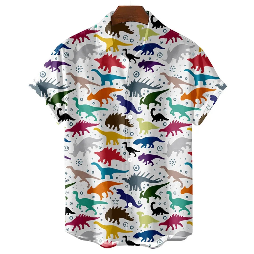 Trendy new black and white summer men's shirt cute dinosaur 3D printed men's clothing shirt lapel casual street top