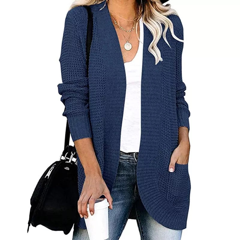 V-neck Knitted Cardigan Solid Open Stitch Winter Warm Long Sleeve Sweaters