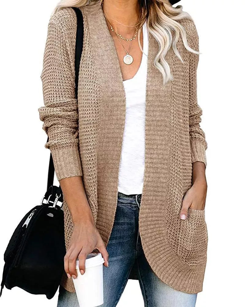 V-neck Knitted Cardigan Solid Open Stitch Winter Warm Long Sleeve Sweaters