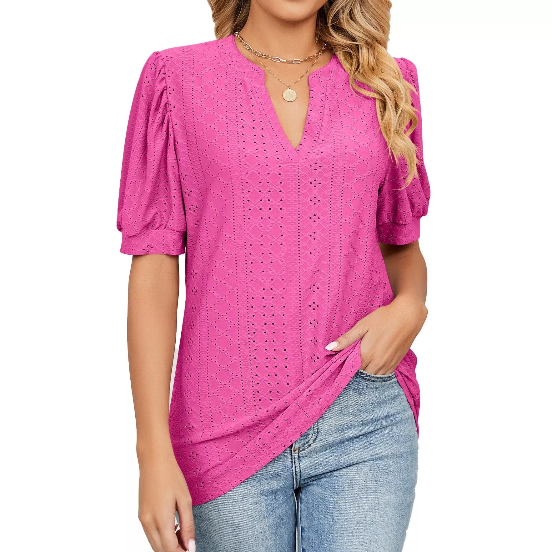 V-neck solid color hollowed out bubble sleeves loose T-shirt